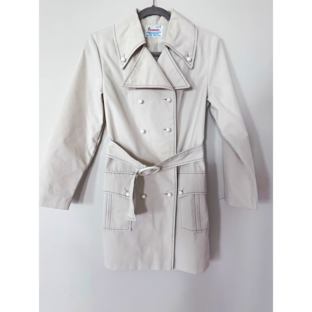 Vintage 70s Penneys Trench Coat Womens 10 Mod White Belted Japan Retro Jacket